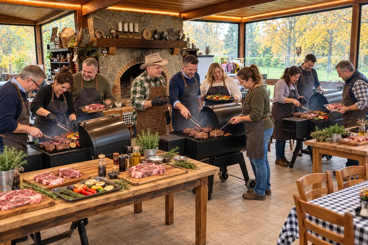 Spoločná príprava jedál počas firemného BBQ workshopu v Grill & Quill